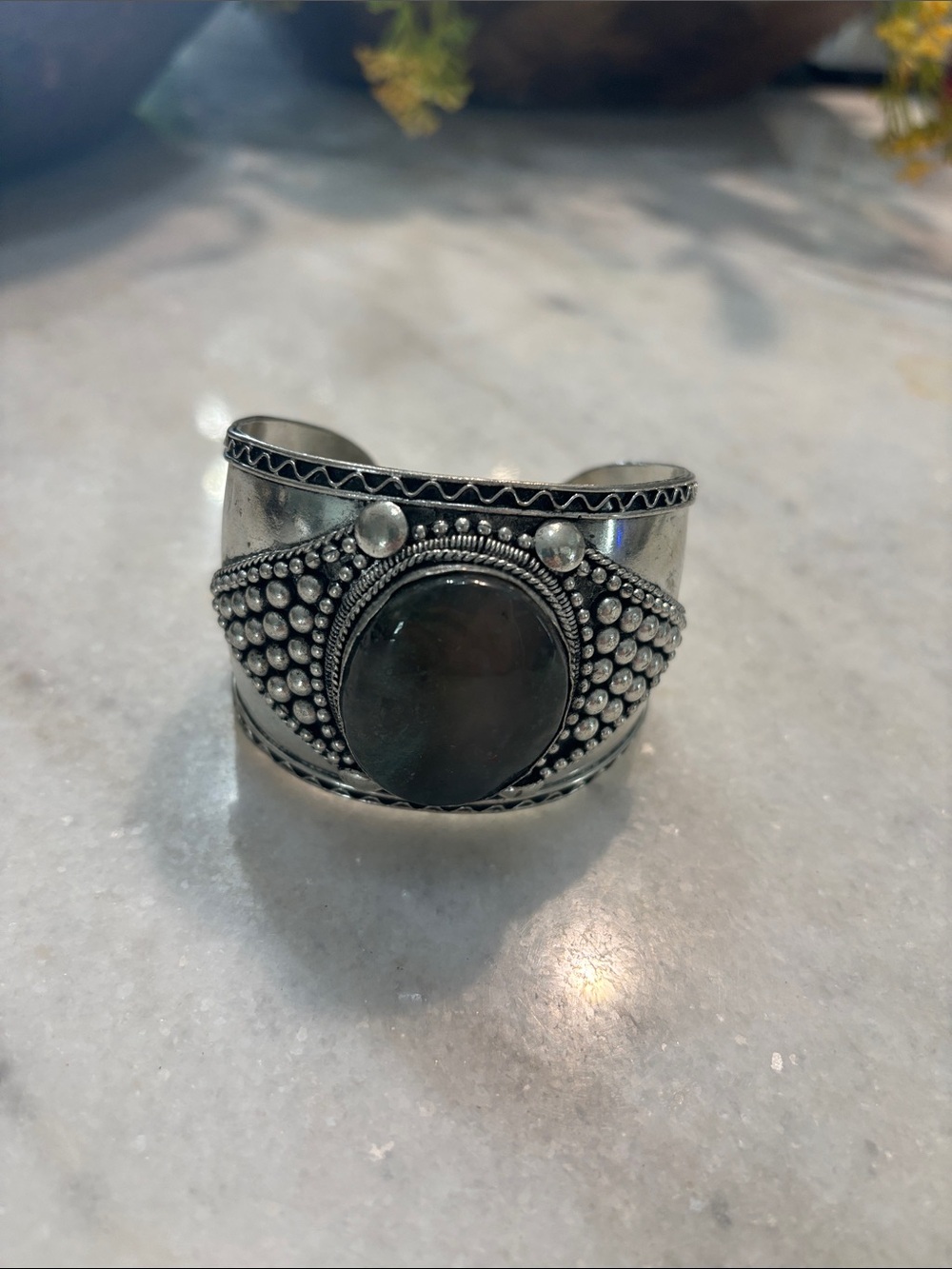 Sterling-Style Silver Cuff Bracelet with Dark Green Stone